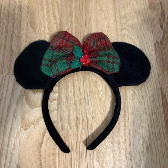 Disney Minnie Mouse Plaid Bow Mouse Ears Headband Holly Leaf Christmas Red Green